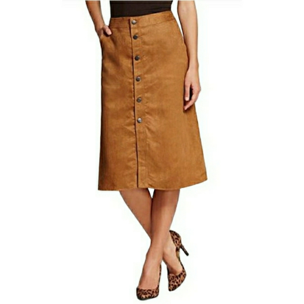 Button Front Mid Rise Camel Skirt